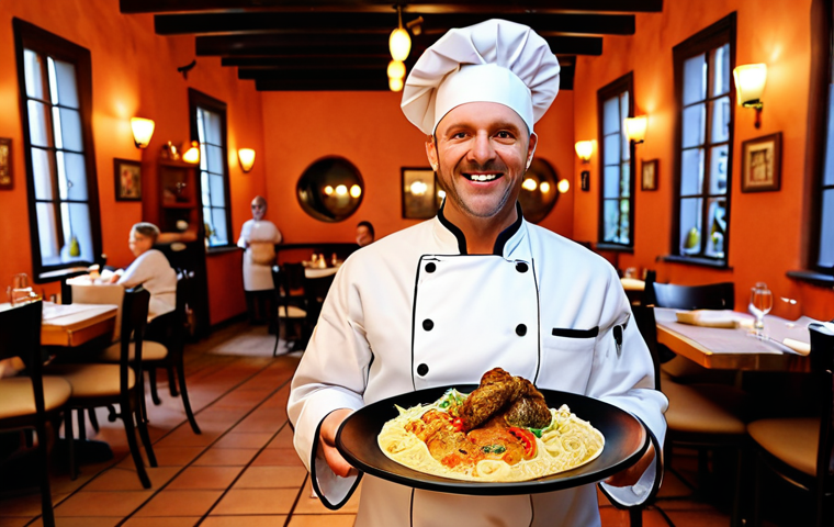 ** "Cozy family-run trattoria interior, featuring innovative dishes inspired by customer feedback. Warm lighting, happy customers, and a chef proudly presenting a new plate."

**
